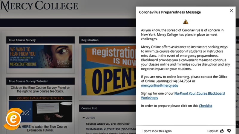 EesyMessage Example from Mercy College about the Corona Virus