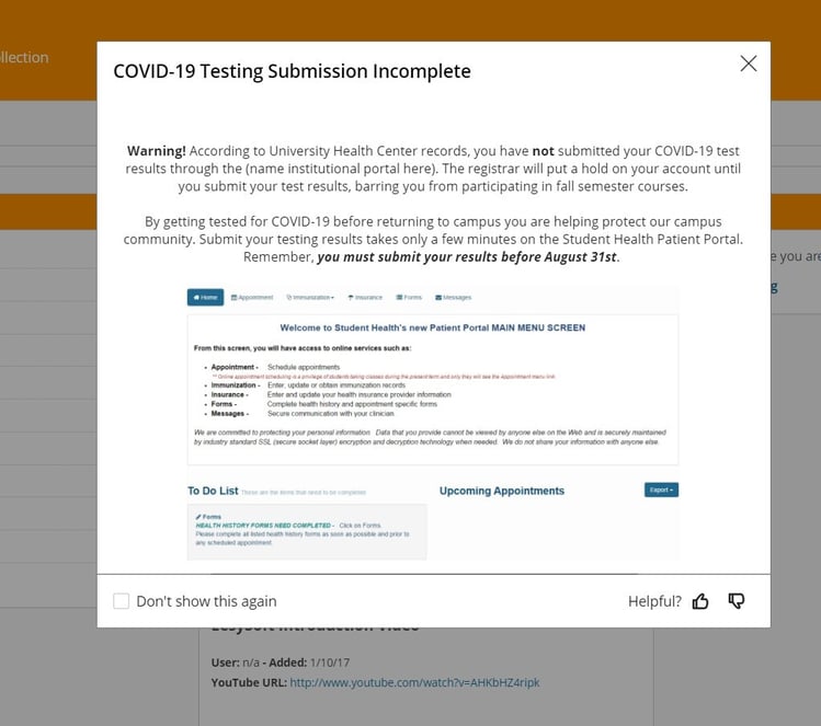 EesyMessage Popup about COVID-19 Testing